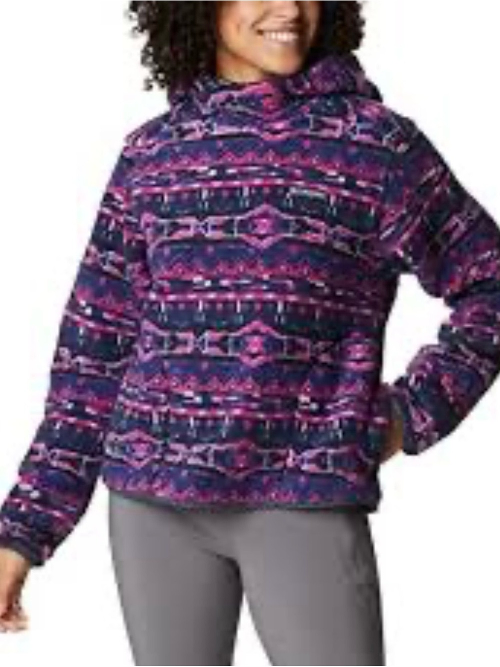 Columbia Women’s Hooded Puffer Fleece - Navy, Magenta Pink & Purple Pattern